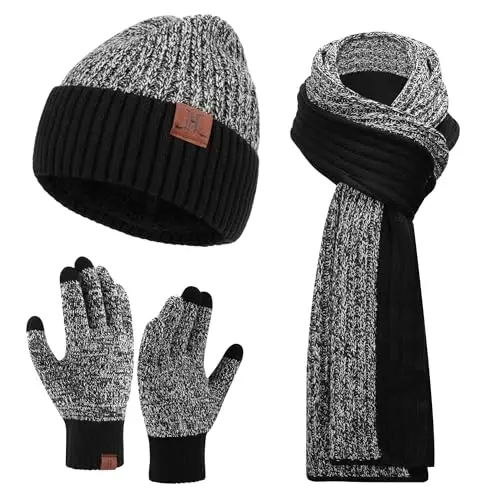 FZ FANTASTIC ZONE Mens Winter Knit Hat Beanie Long Neck Scarf Touchscreen Gloves Set Fleece Skull Caps Gifts for Men Women 