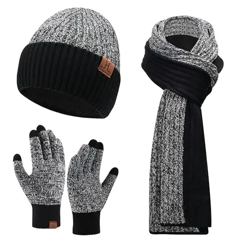 FZ FANTASTIC ZONE Mens Winter Knit Hat Beanie Long Neck Scarf Touchscreen Gloves Set Fleece Skull Caps Gifts for Men Women 