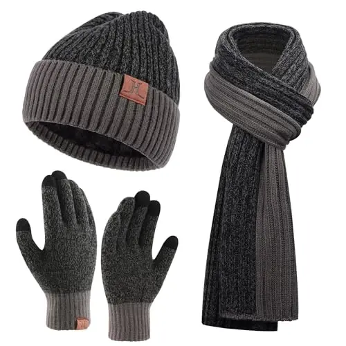 FZ FANTASTIC ZONE Mens Winter Knit Hat Beanie Long Neck Scarf Touchscreen Gloves Set Fleece Skull Caps Gifts for Men Women - 1