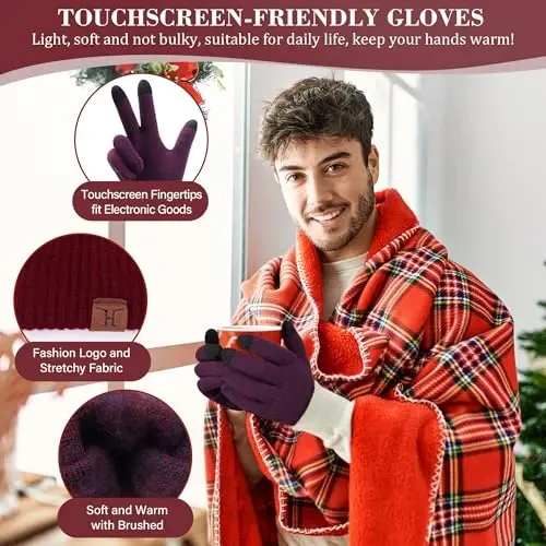 FZ FANTASTIC ZONE Mens Winter Knit Hat Beanie Long Neck Scarf Touchscreen Gloves Set Fleece Skull Caps Gifts for Men Women - 3