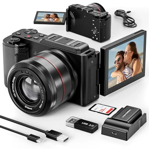 G-Anica Raqamli Kamera, Fotografiya uchun 5K va 12X Optik Kameralar, YouTube uchun 48MP Vlogging Kamerasi, Video Kamera, Wi-Fi va HDMI Chiqishi, 32GB SD Karta (2 Batareya) - G-Anica