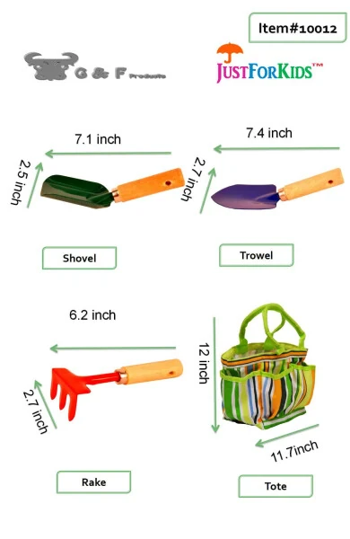 G & F 10012 JustForKids Kids Garden Tools Set with Tote Hand Rake Shovel Trowel of Metal, Age Kids - Modazone (1)