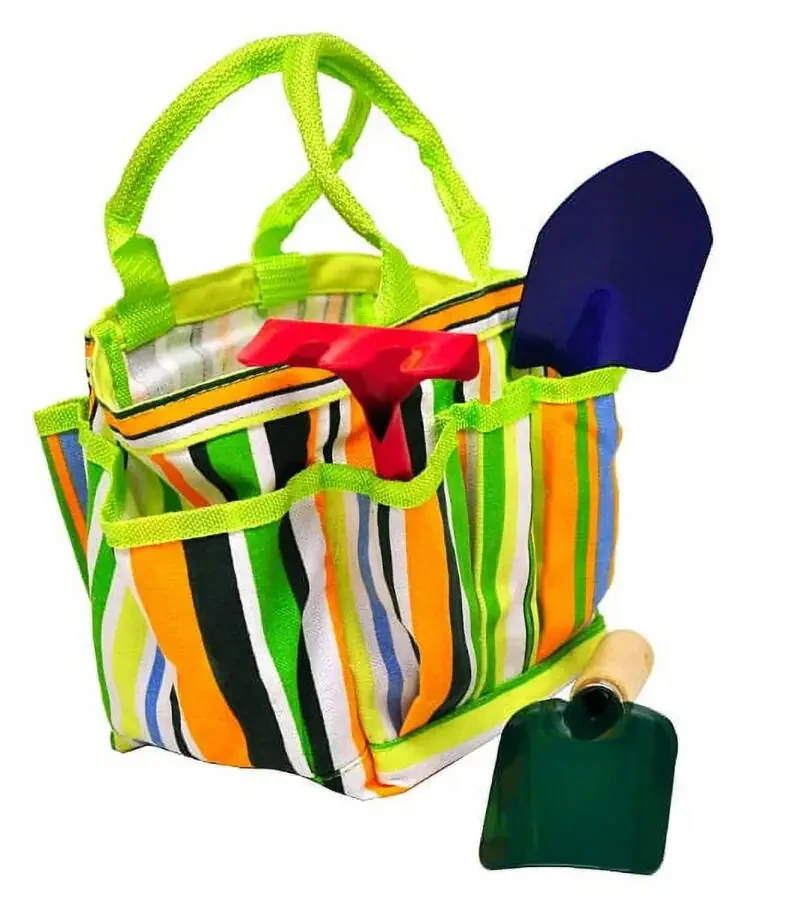 G & F 10012 JustForKids Kids Garden Tools Set with Tote Hand Rake Shovel Trowel of Metal, Age Kids - 8