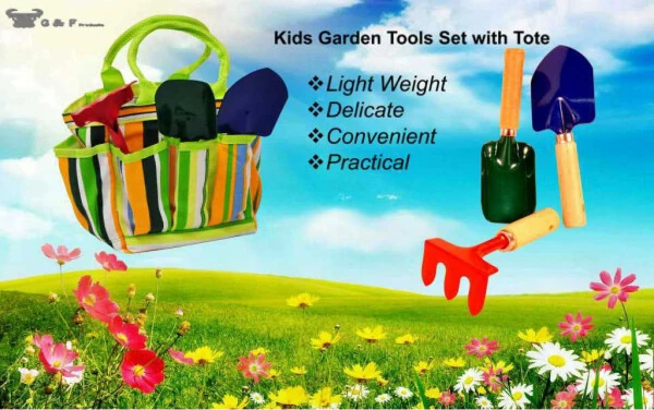 G & F 10012 JustForKids Kids Garden Tools Set with Tote Hand Rake Shovel Trowel of Metal, Age Kids - 14