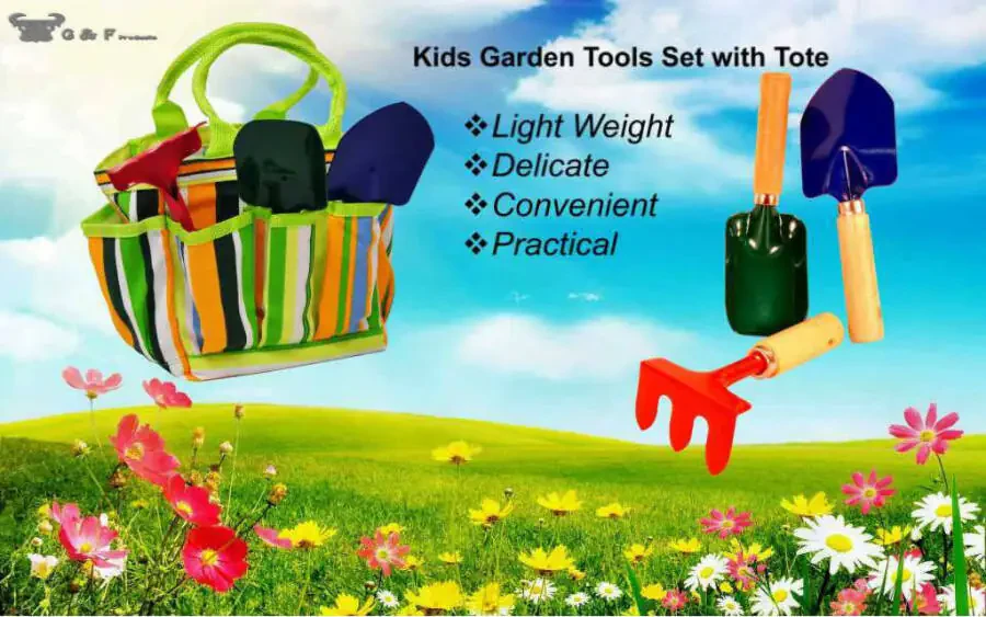 G & F 10012 JustForKids Kids Garden Tools Set with Tote Hand Rake Shovel Trowel of Metal, Age Kids - 14