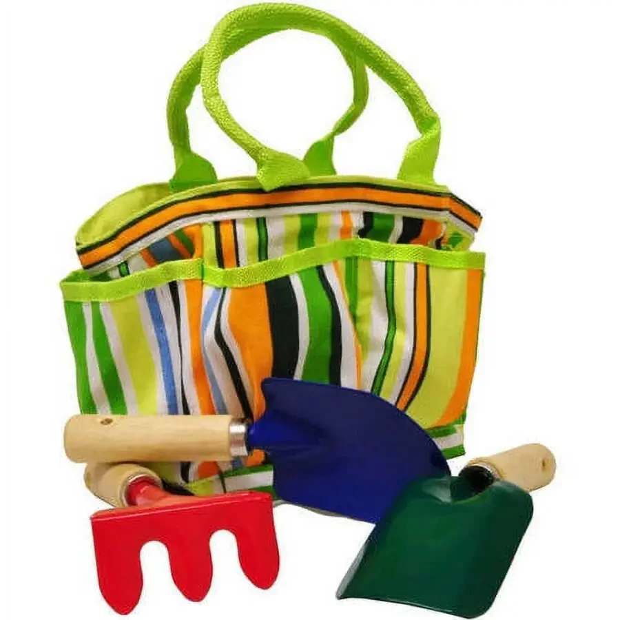 G & F 10012 JustForKids Kids Garden Tools Set with Tote Hand Rake Shovel Trowel of Metal, Age Kids - 16