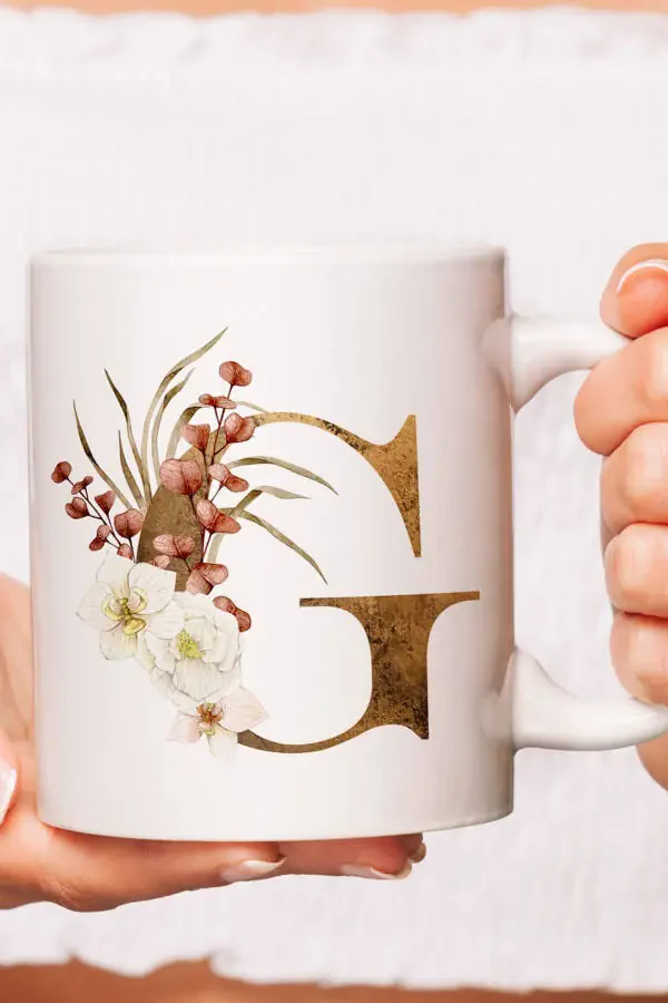 G Letter Porcelain Mug - Coffee / Tea Mug with Flower Pattern G Letter Print - 1