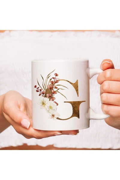 G Letter Porcelain Mug - Coffee / Tea Mug with Flower Pattern G Letter Print - 3