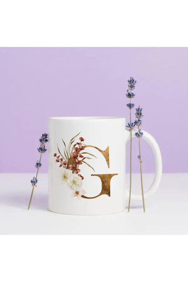 G Letter Porcelain Mug - Coffee / Tea Mug with Flower Pattern G Letter Print - 4