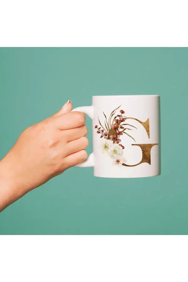 G Letter Porcelain Mug - Coffee / Tea Mug with Flower Pattern G Letter Print - 5