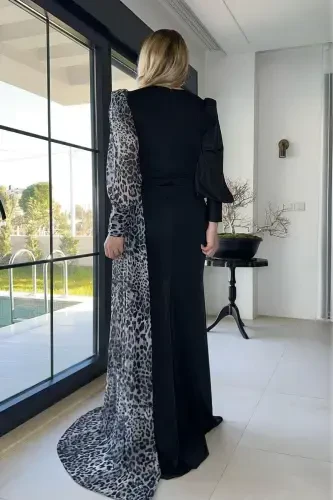 G1296 Leopar Detaylı Tasarım Abiye Elbise Gri-Gri - GESMODA (1)