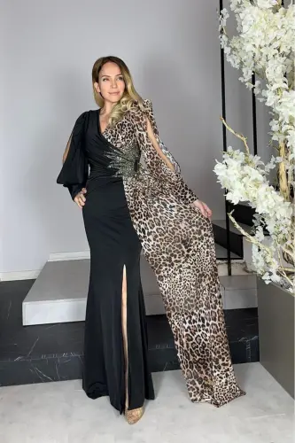 G1296 Leopar Detaylı Tasarım Abiye Elbise Siyah-Siyah - 3