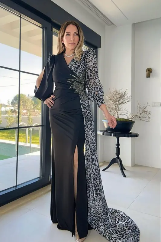 G1296 Leopard Detailed Design Evening Dress Gray-Gray - 2