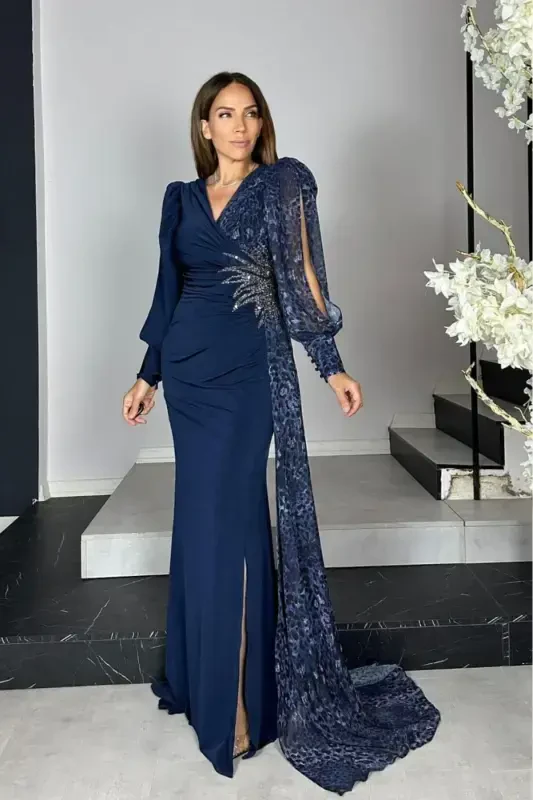 G1296 Leopard Detailed Design Evening Dress Navy Blue-Navy Blue - 1