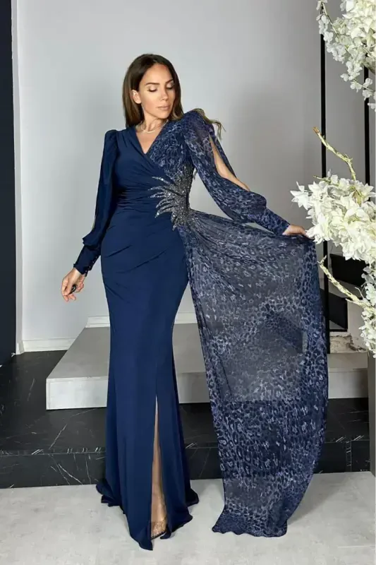 G1296 Leopard Detailed Design Evening Dress Navy Blue-Navy Blue - 2