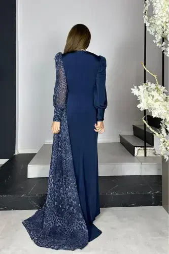 G1296 Leopard Detailed Design Evening Dress Navy Blue-Navy Blue - 3