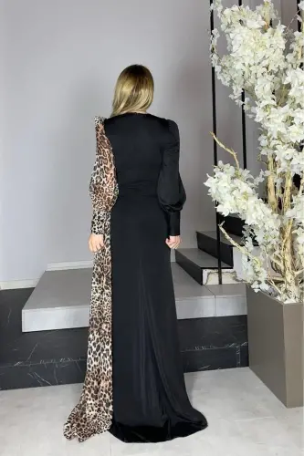 G1296 Leopard Tafsilotli Dizayn Kechki Libos Qora - 4