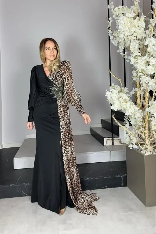 G1296 Leopard Tafsilotli Dizayn Kechki Libos Qora - 2