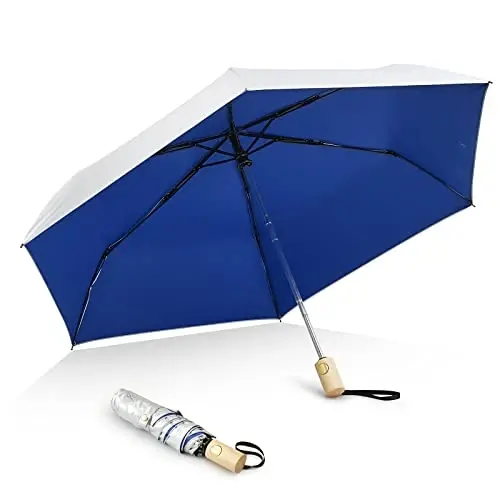 G4Free 42 Inch UPF 50+ Travel Folding Umbrella for Sun with Wooden Handle | Silver Coating, UV Blocking, Lightweight, Compact, Portable, Folding Umbrellas, Waterproof, Auto Open Close, Blue - 1