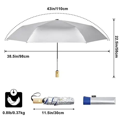 G4Free 42 Inch UPF 50+ Travel Folding Umbrella for Sun with Wooden Handle | Silver Coating, UV Blocking, Lightweight, Compact, Portable, Folding Umbrellas, Waterproof, Auto Open Close, Blue - 3