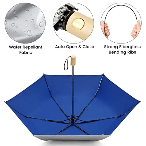 G4Free 42 Inch UPF 50+ Travel Folding Umbrella for Sun with Wooden Handle | Silver Coating, UV Blocking, Lightweight, Compact, Portable, Folding Umbrellas, Waterproof, Auto Open Close, Blue - 5