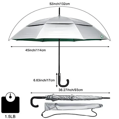 G4Free UPF 50+ 52 Inch UV Protection Umbrella, Automatic Open Hook Handle J Stick Golf Umbrellas for Rain, Sun & Wind Protection(Silver/Green) - G4Free (1)