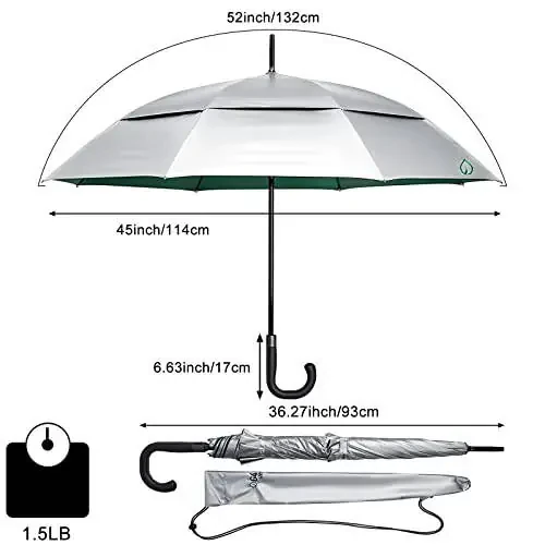 G4Free UPF 50+ 52 Inch UV Protection Umbrella, Automatic Open Hook Handle J Stick Golf Umbrellas for Rain, Sun & Wind Protection(Silver/Green) - 2