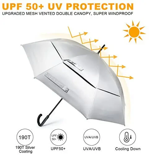 G4Free UPF 50+ 52 dyuymli UV himoya qiluvchi soyabon, avtomatik ochiladigan ilgak tutqichli J tayoqcha golf soyabonlari yomg'ir, quyosh va shamol himoyasi uchun (kumush/qora) - 2