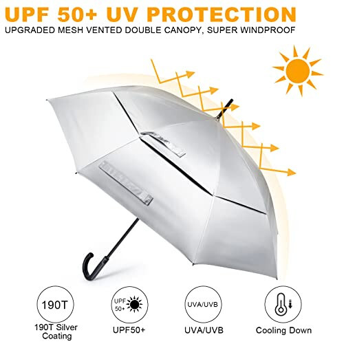 G4Free UPF 50+ 52 Inch UV Protection Umbrella, Automatic Open Hook Handle J Stick Golf Umbrellas for Rain, Sun & Wind Protection (Silver/Black) - 2