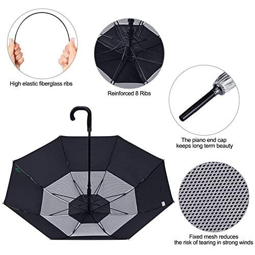 G4Free UPF 50+ 52 Inch UV Protection Umbrella, Automatic Open Hook Handle J Stick Golf Umbrellas for Rain, Sun & Wind Protection (Silver/Black) - 3