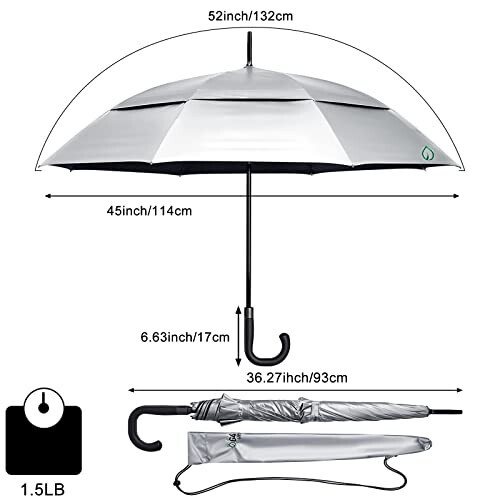 G4Free UPF 50+ 52 Inch UV Protection Umbrella, Automatic Open Hook Handle J Stick Golf Umbrellas for Rain, Sun & Wind Protection (Silver/Black) - 5