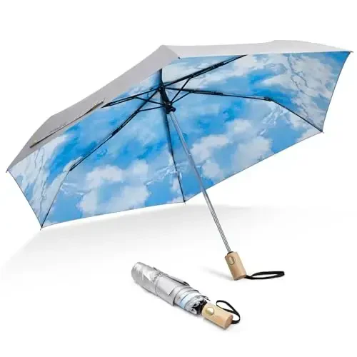 G4Free UPF 50+ UV Protection Travel Umbrella with Wooden Handle, 42 Inch Lightweight Sun Rain Folding Umbrellas Auto Open Close (Sky) - 1