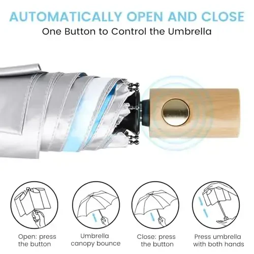 G4Free UPF 50+ UV Protection Travel Umbrella with Wooden Handle, 42 Inch Lightweight Sun Rain Folding Umbrellas Auto Open Close (Sky) - 3