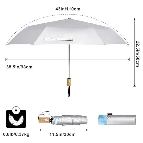 G4Free UPF 50+ UV Protection Travel Umbrella with Wooden Handle, 42 Inch Lightweight Sun Rain Folding Umbrellas Auto Open Close (Sky) - 5
