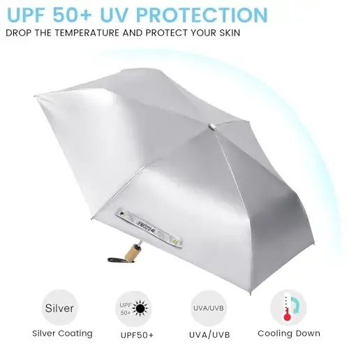G4Free UPF 50+ UV Protection Travel Umbrella with Wooden Handle, 42 Inch Lightweight Sun Rain Folding Umbrellas Auto Open Close (Sky) - 2