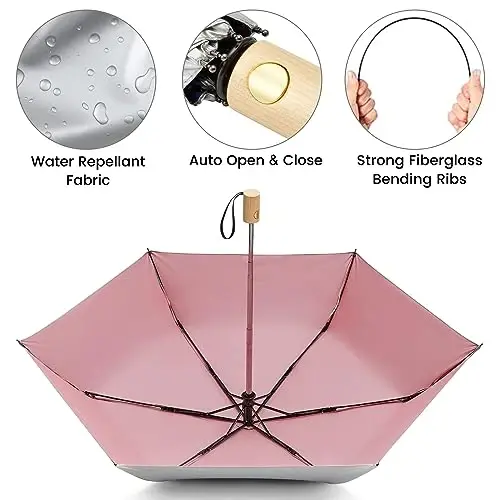 G4Free UPF 50+ UV Protection Travel Umbrella with Wooden Handle, 42 Inch Lightweight Sun Rain Folding Umbrellas Auto Open Close (Pink) - 1