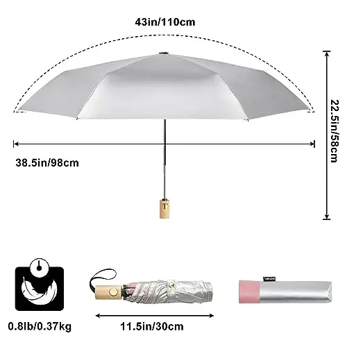 G4Free UPF 50+ UV Protection Travel Umbrella with Wooden Handle, 42 Inch Lightweight Sun Rain Folding Umbrellas Auto Open Close (Pink) - 5