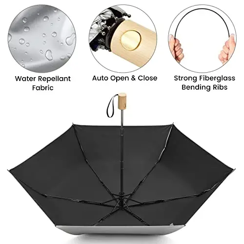 G4Free UPF 50+ UV Protection Travel Umbrella with Wooden Handle, 42 Inch Lightweight Sun Rain Folding Umbrellas Auto Open Close (Black) - 3