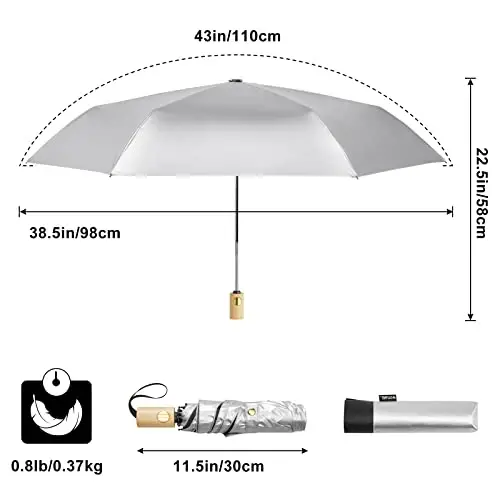 G4Free UPF 50+ UV Protection Travel Umbrella with Wooden Handle, 42 Inch Lightweight Sun Rain Folding Umbrellas Auto Open Close (Black) - 4