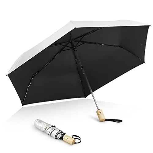 G4Free UPF 50+ UV Protection Travel Umbrella with Wooden Handle, 42 Inch Lightweight Sun Rain Folding Umbrellas Auto Open Close (Black) 