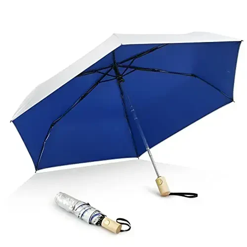 G4Free UPF 50+ UV Protection Travel Umbrella with Wooden Handle, 42 Inch Lightweight Sun Rain Folding Umbrellas Auto Open Close (Blue) - G4FREE