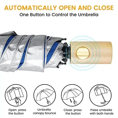 G4Free UPF 50+ UV Protection Travel Umbrella with Wooden Handle, 42 Inch Lightweight Sun Rain Folding Umbrellas Auto Open Close (Blue) - 3