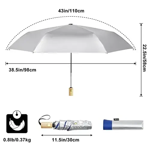 G4Free UPF 50+ UV Protection Travel Umbrella with Wooden Handle, 42 Inch Lightweight Sun Rain Folding Umbrellas Auto Open Close (Blue) - 5