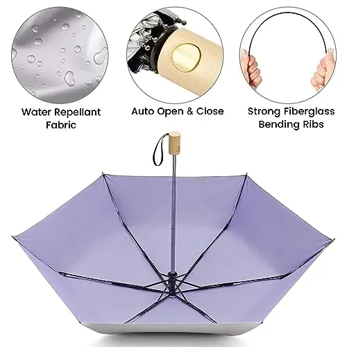 G4Free UPF 50+ UV Protection Travel Umbrella with Wooden Handle, 42 Inch Lightweight Sun Rain Folding Umbrellas Auto Open Close (Light Purple) - 4