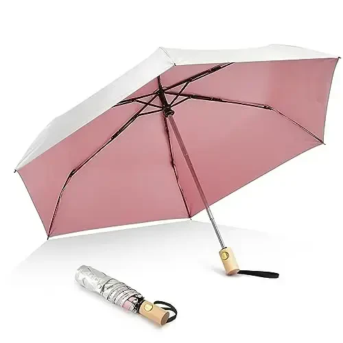G4Free UPF 50+ UV Protection Travel Umbrella with Wooden Handle, 42 Inch Lightweight Sun Rain Folding Umbrellas Auto Open Close (Pink) - 1