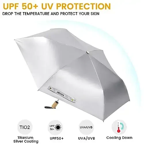 G4Free UPF 50+ UV Protection Travel Umbrella with Wooden Handle, 42 Inch Lightweight Sun Rain Folding Umbrellas Auto Open Close (Pink) - 2