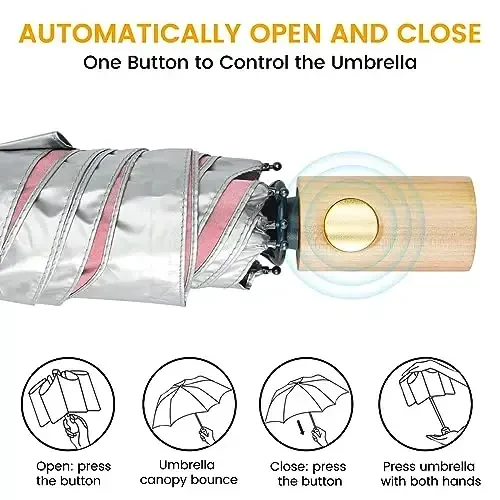 G4Free UPF 50+ UV Protection Travel Umbrella with Wooden Handle, 42 Inch Lightweight Sun Rain Folding Umbrellas Auto Open Close (Pink) - 4