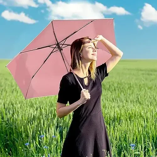 G4Free UPF 50+ UV Protection Travel Umbrella with Wooden Handle, 42 Inch Lightweight Sun Rain Folding Umbrellas Auto Open Close (Pink) - 6