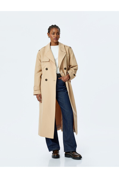 Gabardine Fabric Long Sleeve Pocket Wrap Belt Long Trench Coat - 2