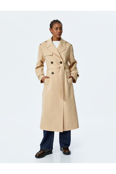 Gabardine Fabric Long Sleeve Pocket Wrap Belt Long Trench Coat - 3